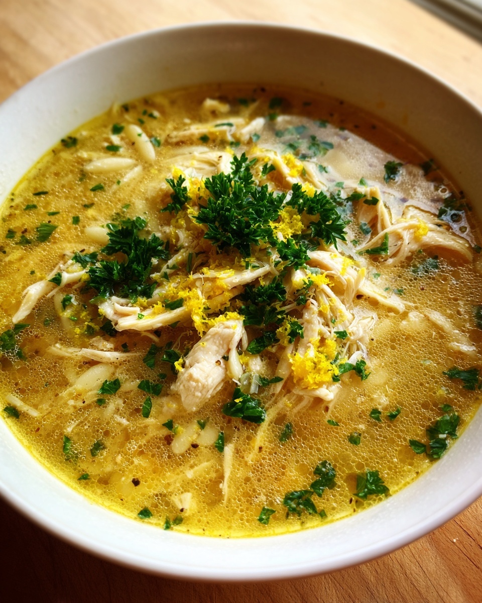 Close-up of a bowl of bright yellow chicken orzo soup topped with shredded chicken, fresh parsley, and lemon zest.