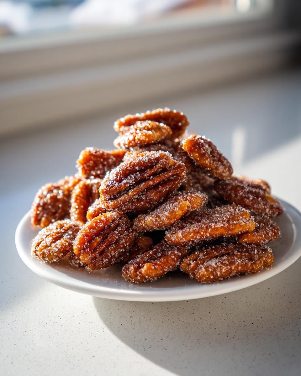 A close-up of a mound of glistening candied pecans for salad, coated in sugar crystals, sitting on a small white plate.