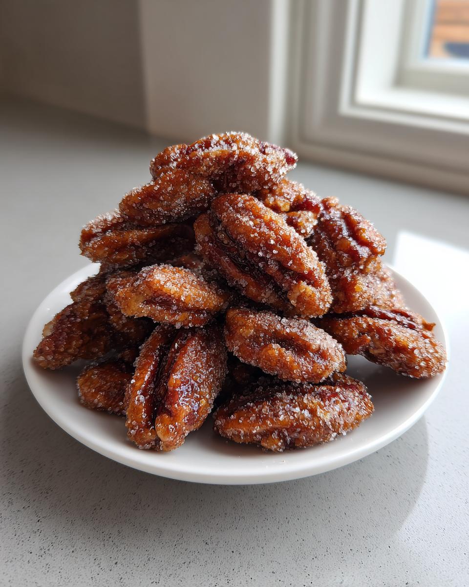 A close-up of a small white plate piled high with glistening candied pecans for salad, coated in sugar crystals.