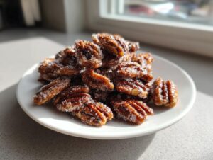 A pile of glistening candied pecans for salad, heavily coated in sugar crystals, served on a small white plate.