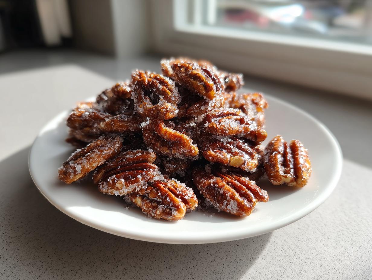 A pile of glistening candied pecans for salad, heavily coated in sugar crystals, served on a small white plate.