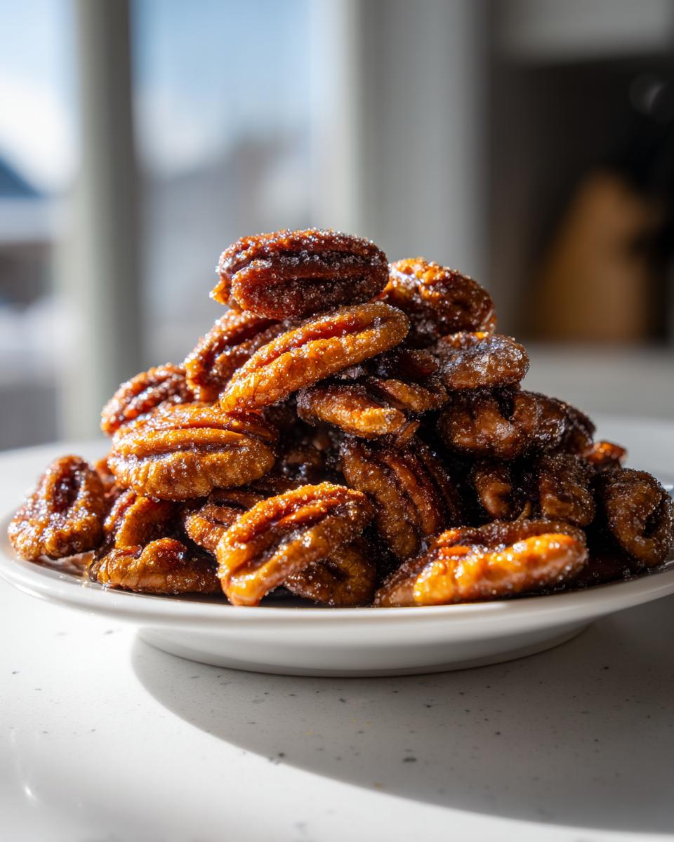 A mound of freshly made candied pecans for salad, coated in a sugary glaze, sitting on a small white plate.