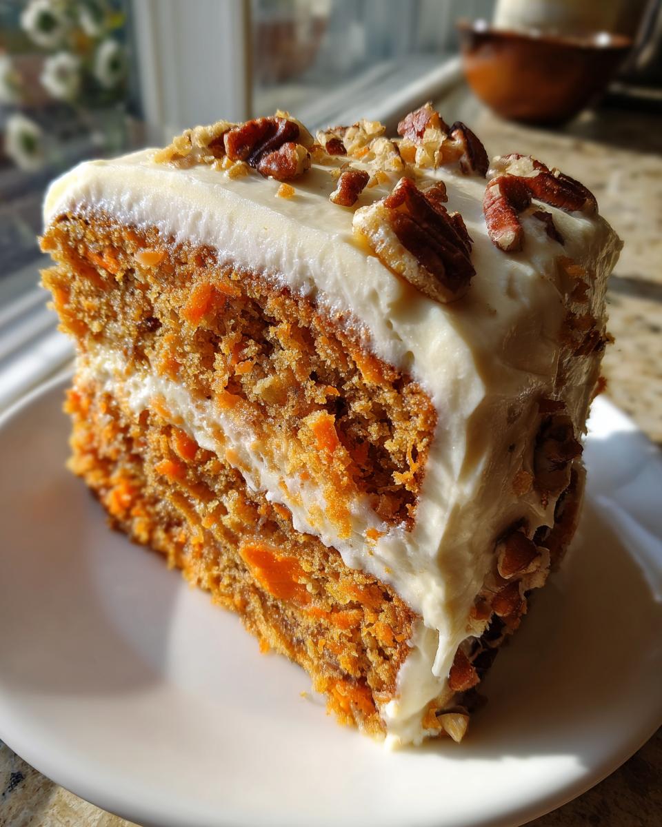 Close-up of a moist slice of carrot cake with candied pecans topping and thick cream cheese frosting.