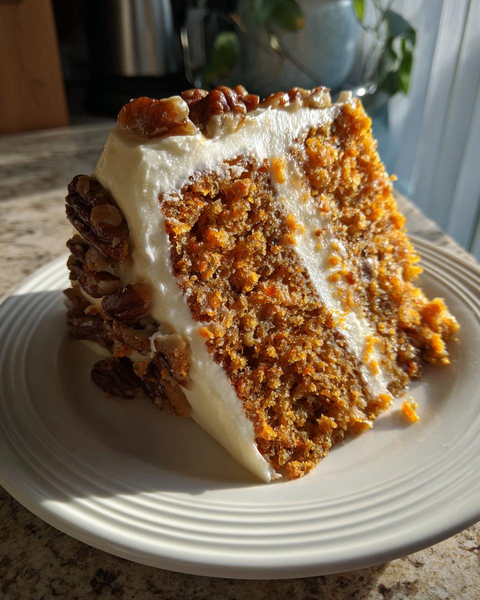 A close-up slice of moist carrot cake with thick cream cheese frosting and candied pecans on top and side.