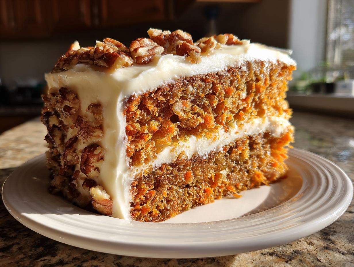 A close-up slice of moist carrot cake with candied pecans and thick cream cheese frosting.