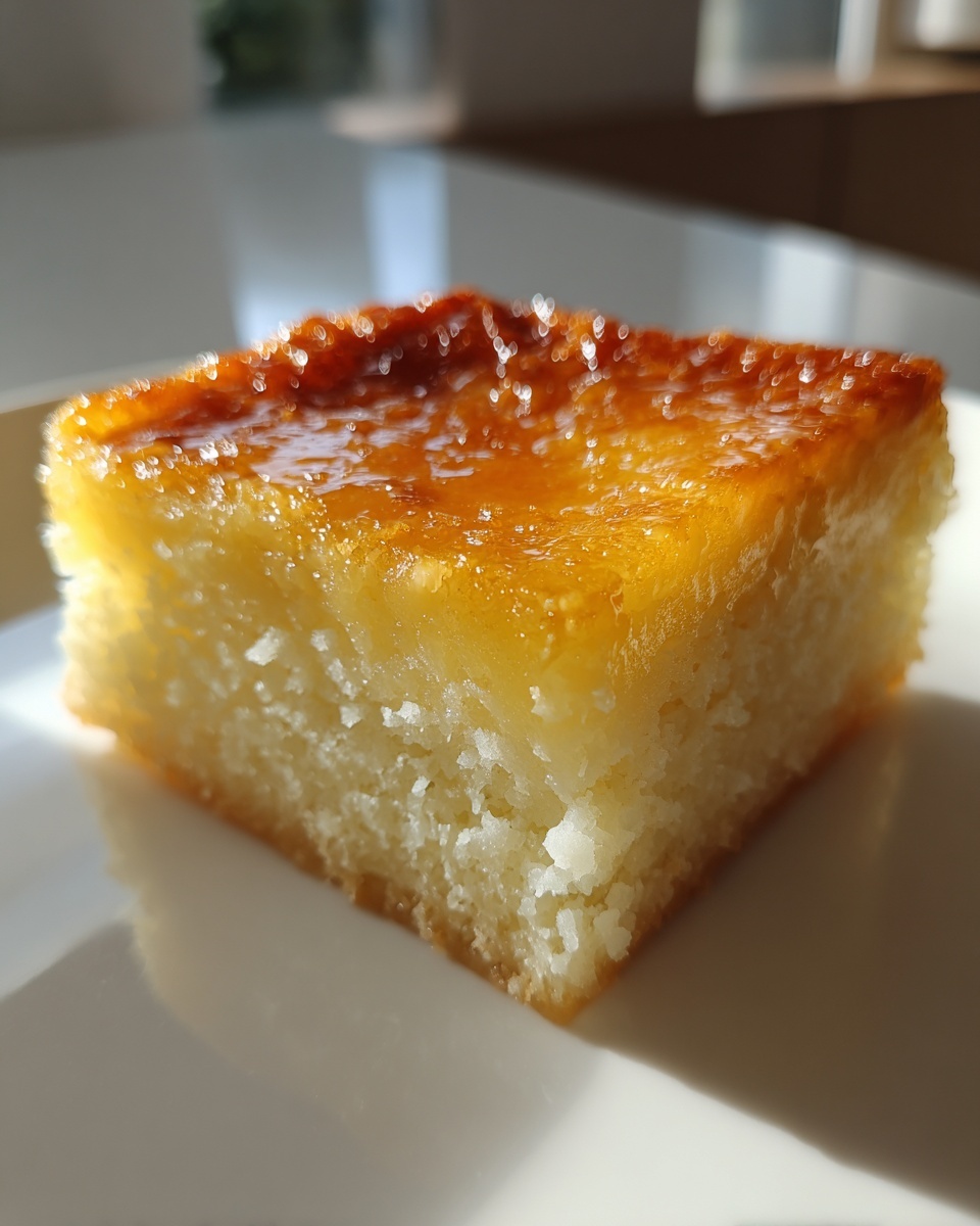 Close-up of a square slice of moist cassava cake with a shiny, caramelized custard topping.