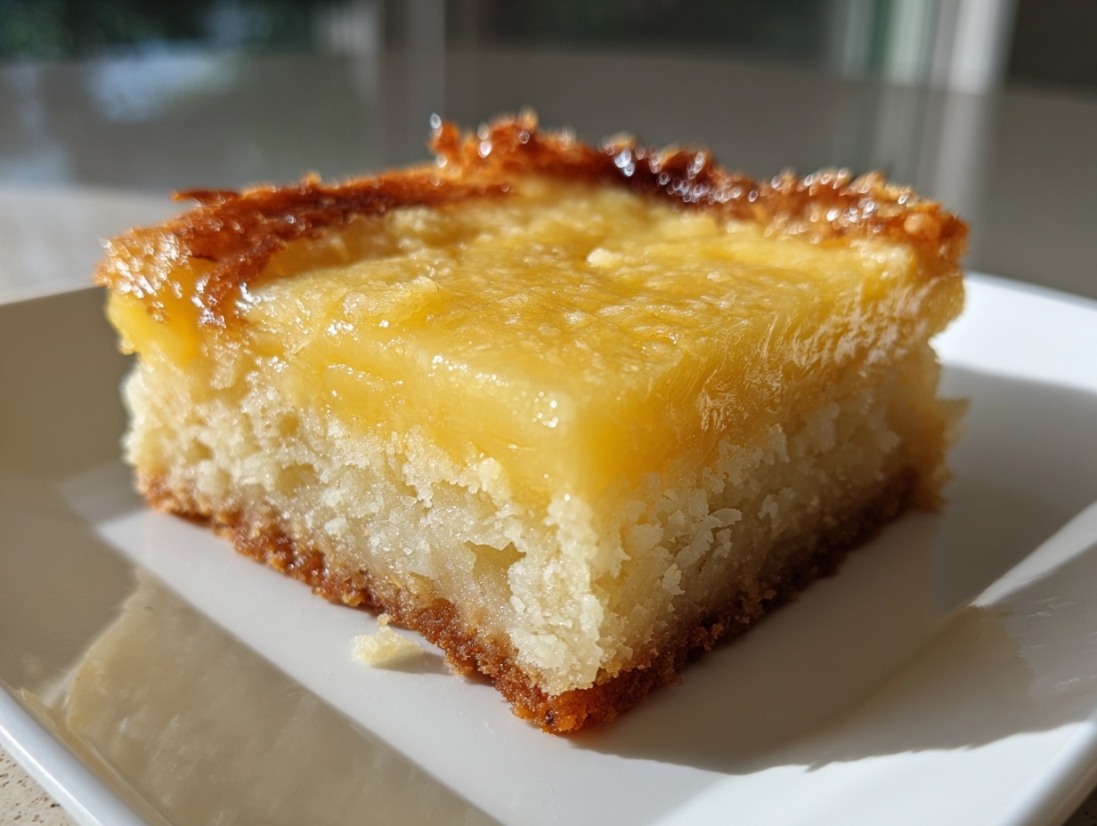 Close-up of a square slice of rich cassava cake featuring a dense base and a glossy, golden custard topping.