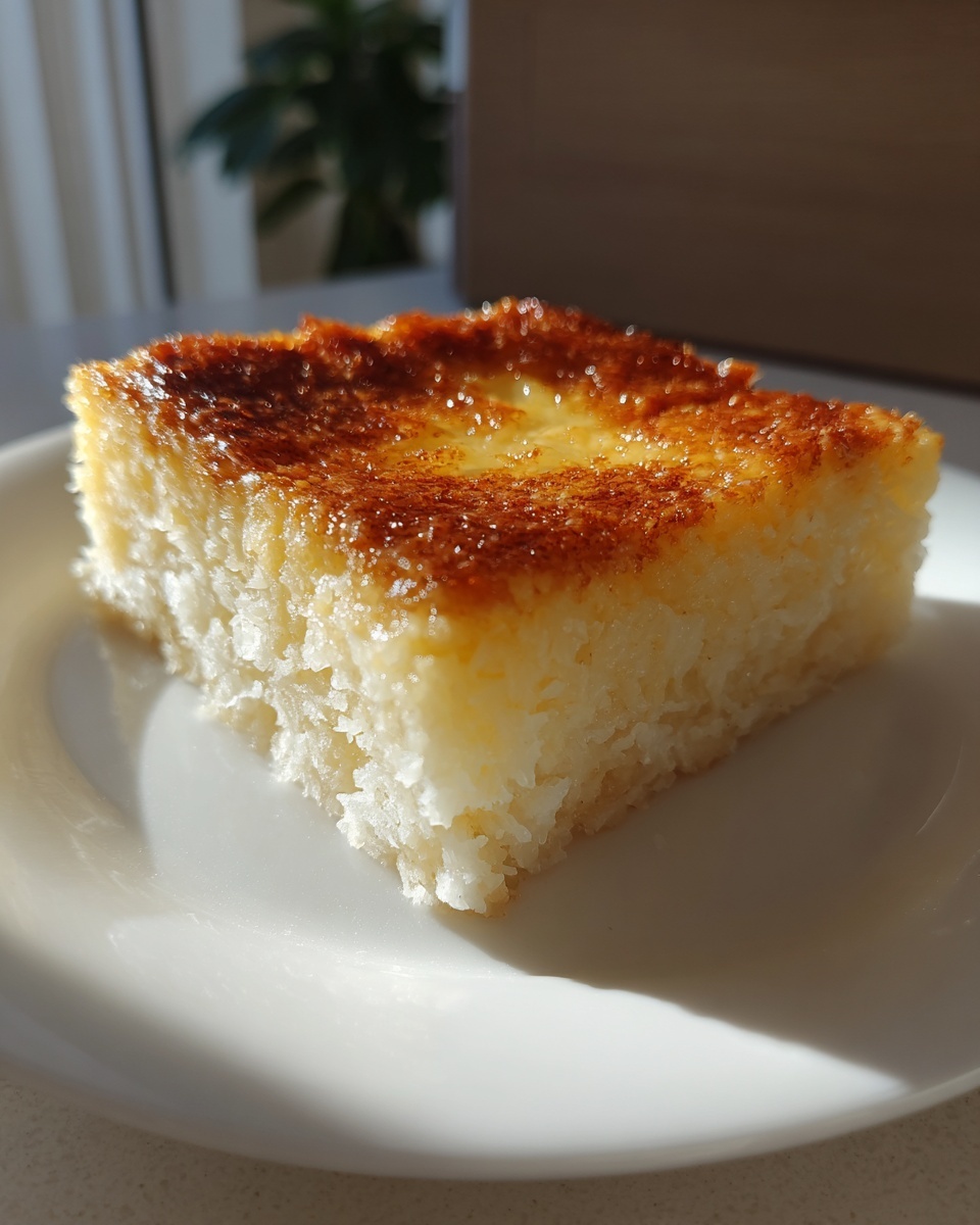 A square slice of rich, baked cassava cake with a golden, caramelized custard topping on a white plate.