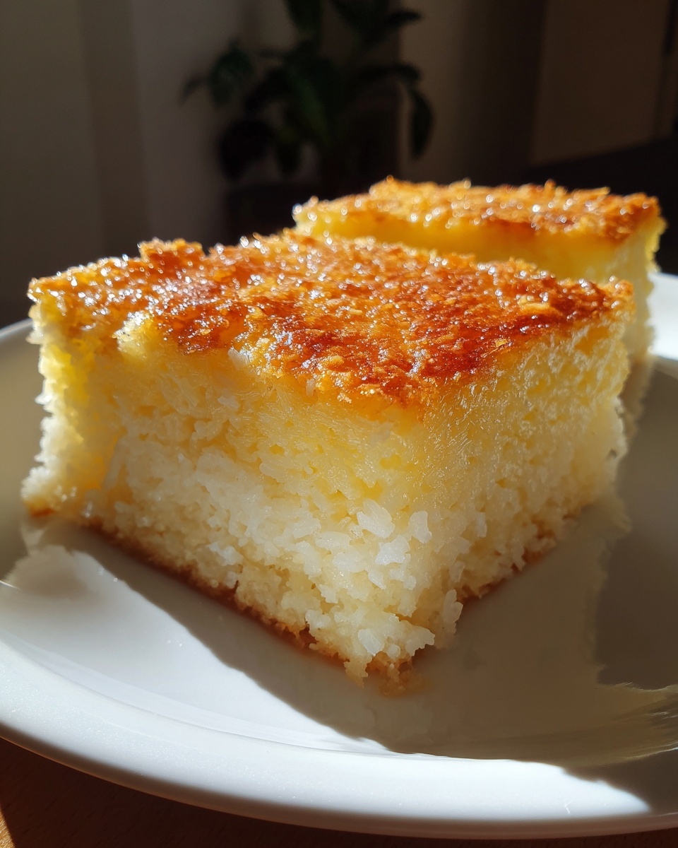 Two slices of moist cassava cake with a rich, caramelized golden-brown custard topping served on a white plate.