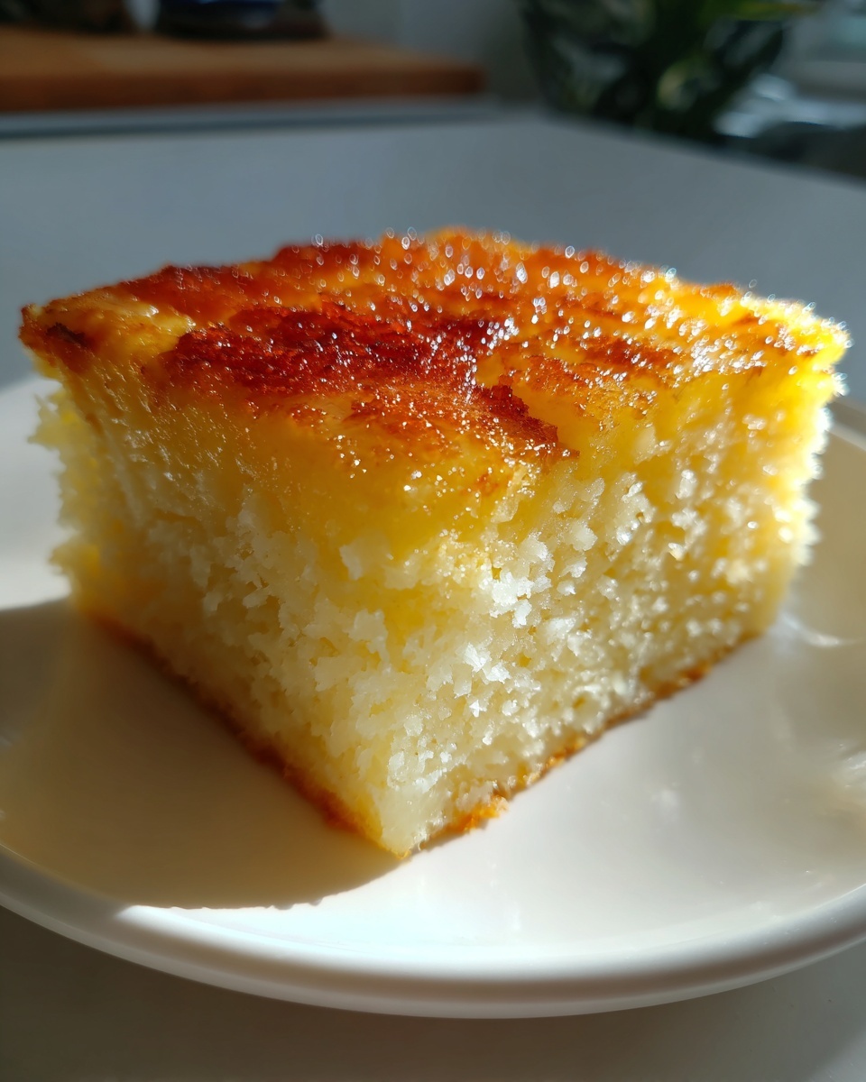 A close-up of a square slice of rich, yellow cassava cake with a shiny, caramelized top layer.