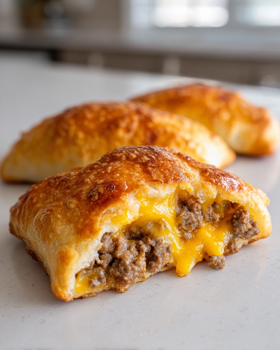Close-up of a cheeseburger pockets crescent rolls cut open showing ground beef and melted cheddar cheese.