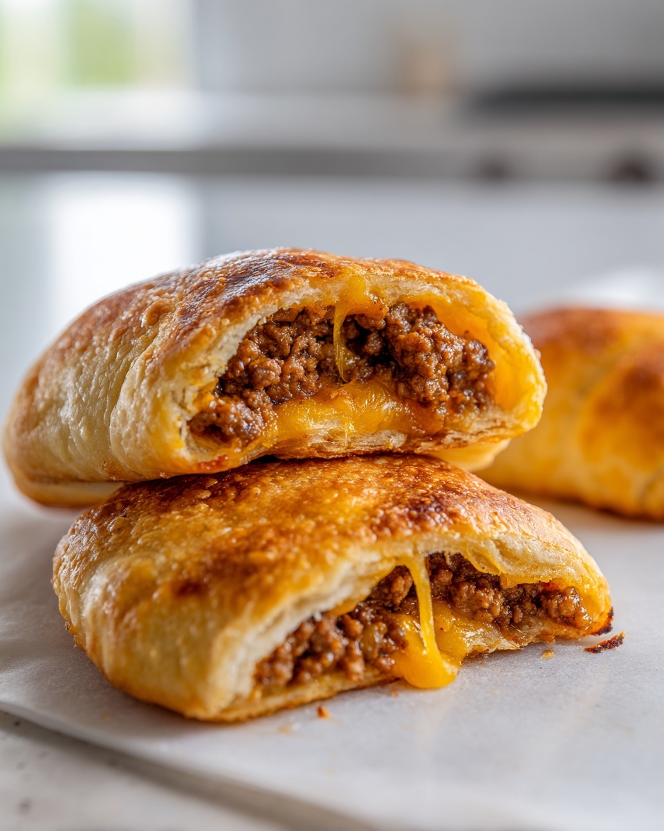 Close-up of cheeseburger pockets crescent rolls cut in half showing seasoned ground beef and melted cheese.