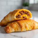 Close-up of two golden brown cheeseburger pockets crescent rolls, one cut open showing seasoned ground beef and melted cheese.