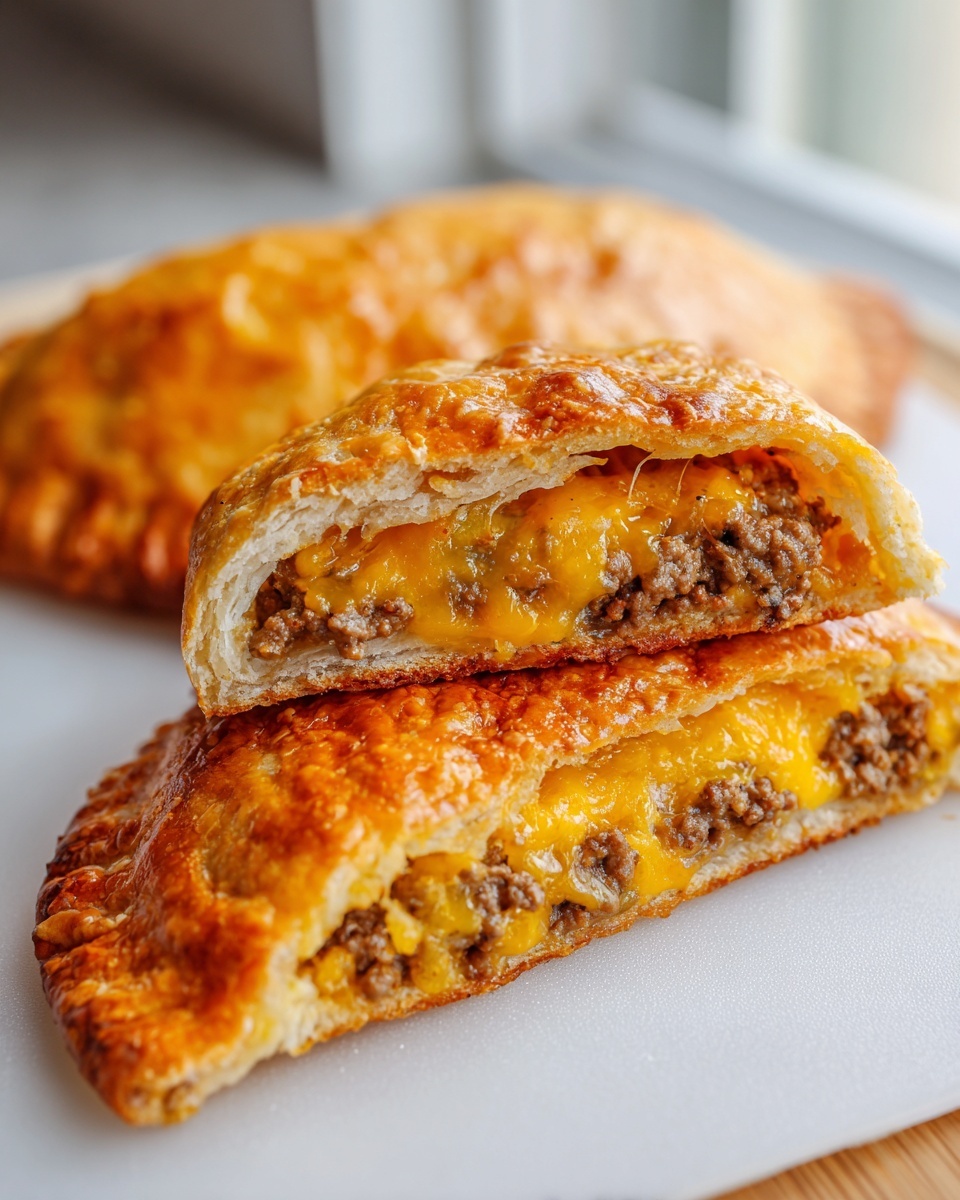 A cheeseburger pockets crescent rolls pastry cut in half showing melted cheese and seasoned ground beef filling.