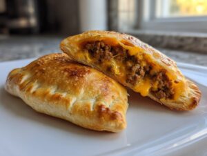 Two golden baked cheeseburger pockets crescent rolls on a white plate, one cut open showing ground beef and melted cheese filling.