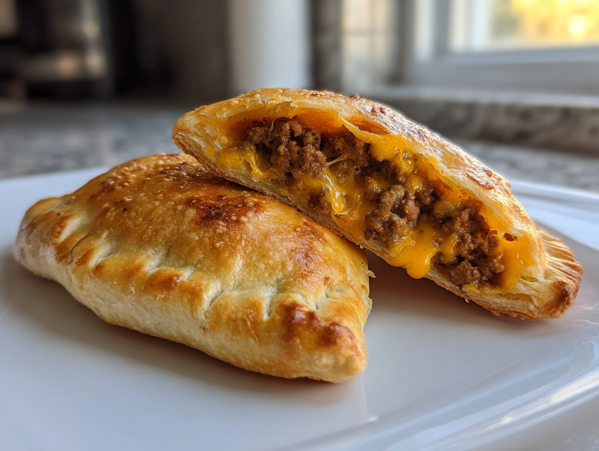 Two golden baked cheeseburger pockets crescent rolls on a white plate, one cut open showing ground beef and melted cheese filling.