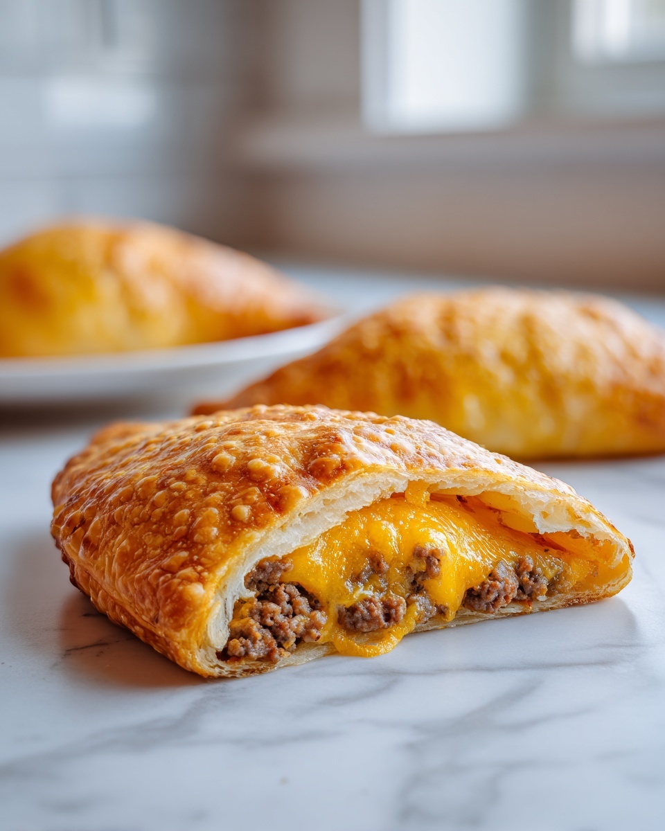 Close-up of a cheeseburger pockets crescent rolls cut open showing ground beef and melted cheddar cheese.