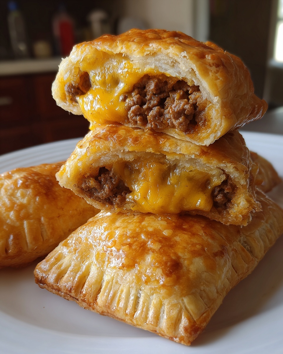 Close-up of cheeseburger pockets cut open showing ground beef filling and melted cheddar cheese.