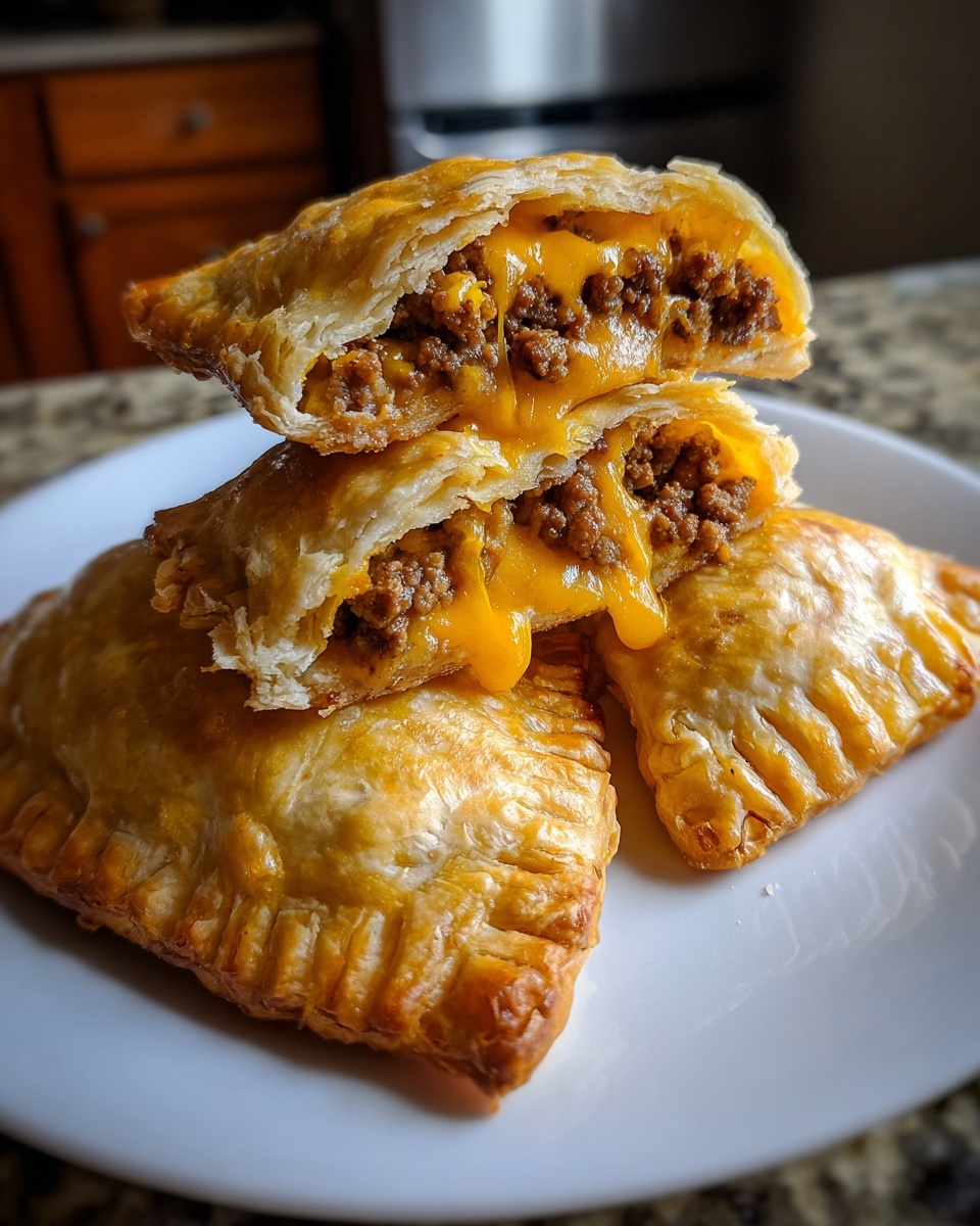 Close-up of golden baked cheeseburger pockets stacked, one cut open showing ground beef and oozing melted cheddar cheese.