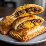 Close-up of stacked, golden-brown cheeseburger pockets cut open to show savory ground beef and melted cheese filling.