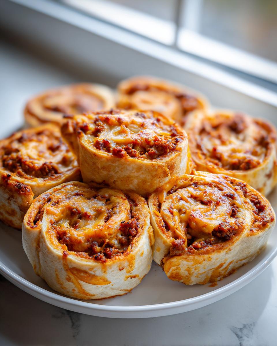 A plate filled with freshly baked, cheesy taco pinwheels featuring a savory ground meat filling.