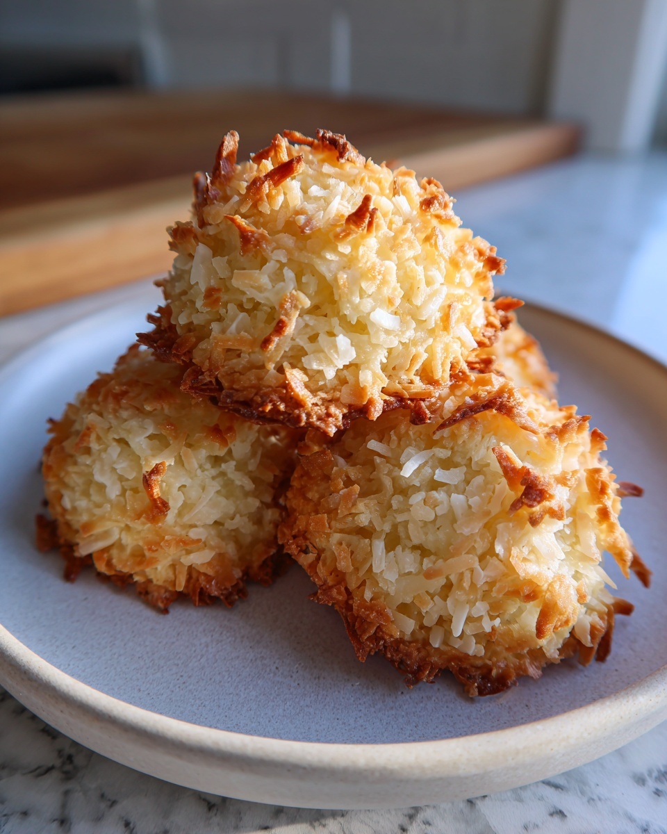 Close-up of three golden brown, chewy coconut cookies stacked on a light gray plate.