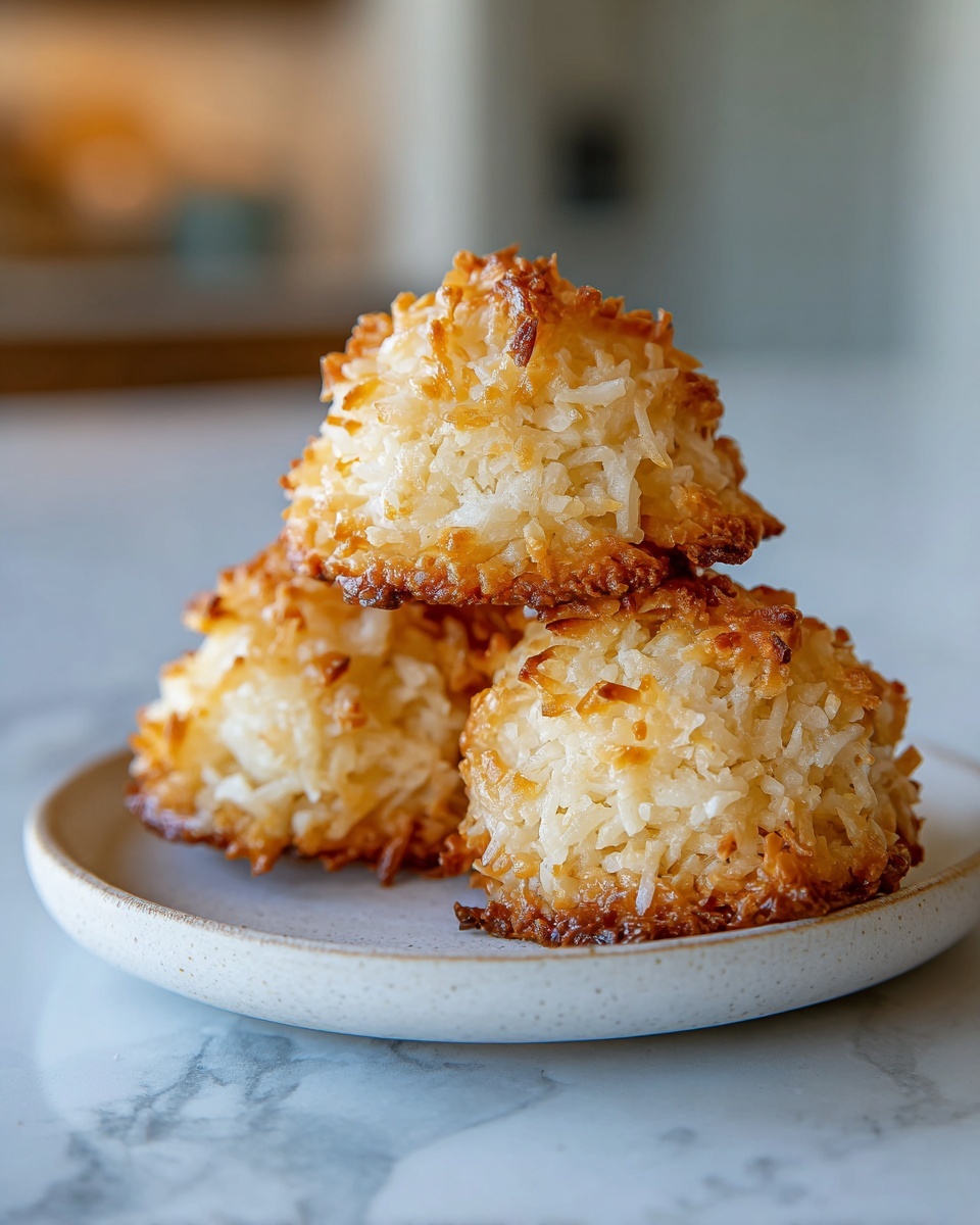 Three golden brown, chewy coconut cookies stacked on a light speckled plate.