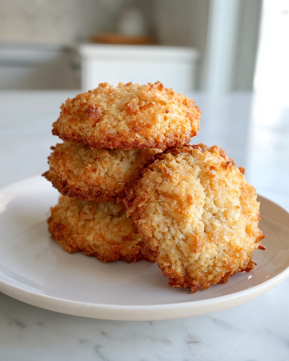 A stack of four golden brown, chewy coconut cookies displayed on a small white plate.