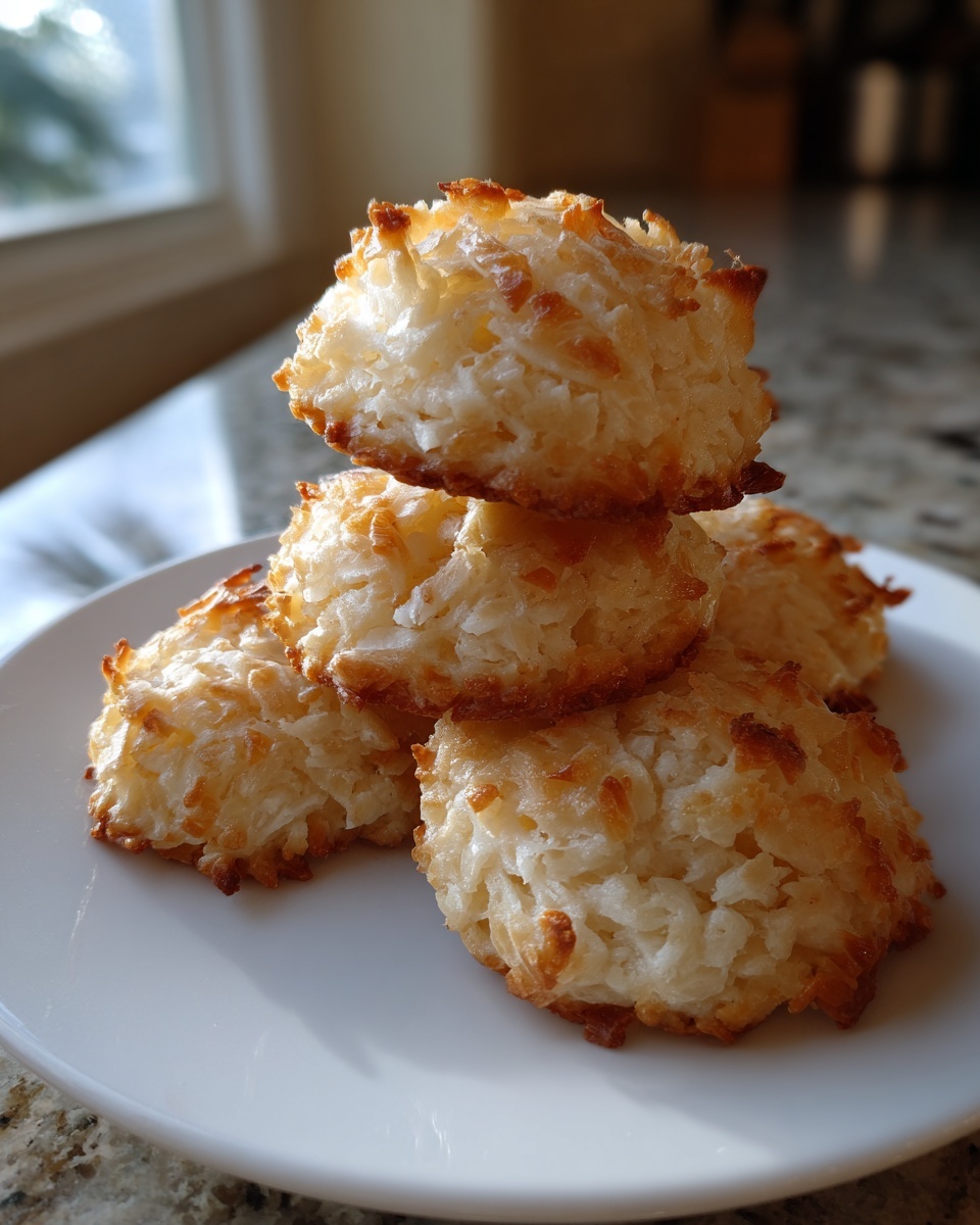 A stack of four golden-brown, chewy coconut cookies resting on a white plate near a window.