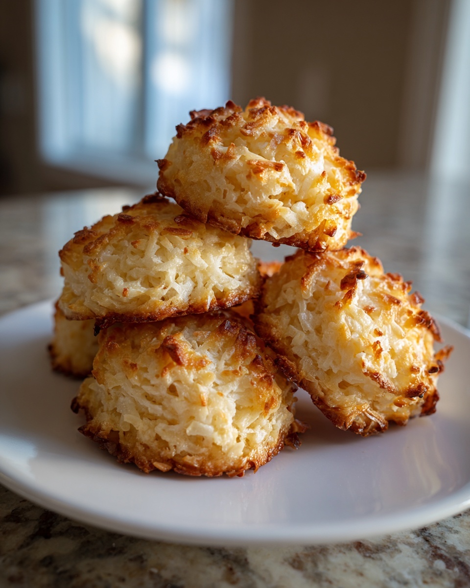 A stack of golden brown, freshly baked chewy coconut cookies piled on a white plate.