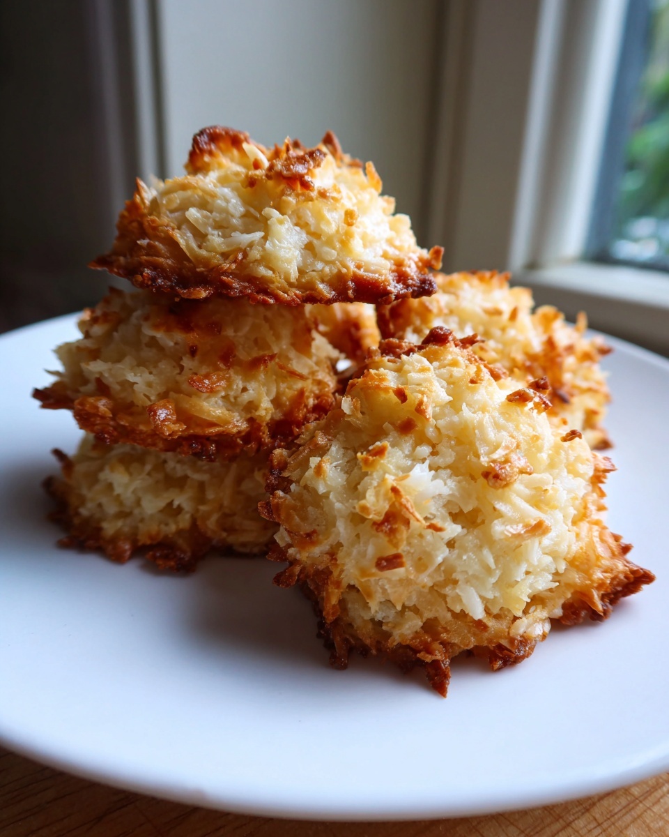 Close-up of a stack of golden brown, perfectly baked chewy coconut cookies on a white plate.