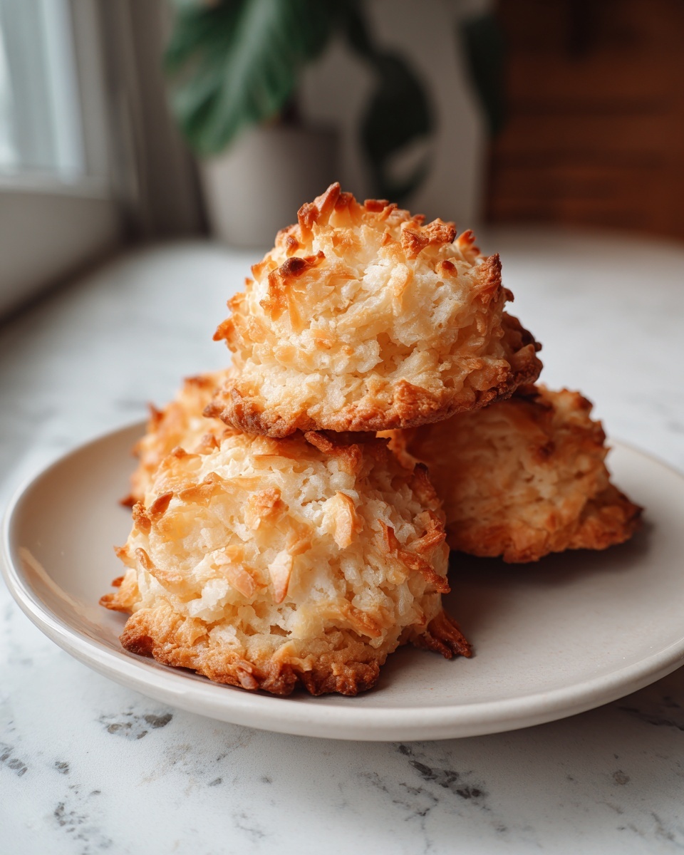 A stack of three golden brown, chewy coconut cookies resting on a small, light-colored plate.