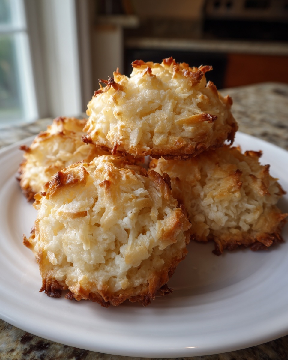 A stack of four golden brown, perfectly baked chewy coconut cookies resting on a white plate near a window.