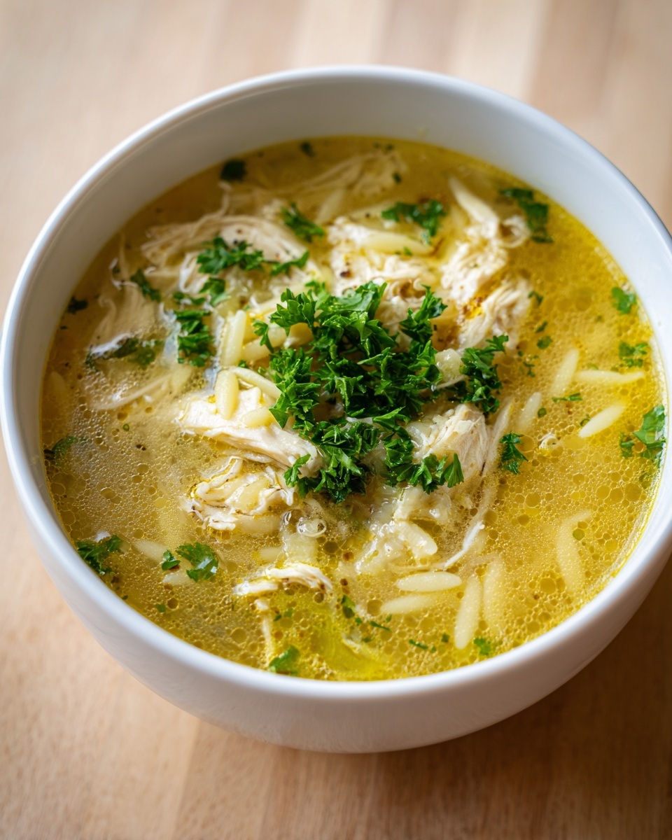 A close-up shot of a white bowl filled with steaming chicken orzo soup, garnished with fresh parsley.