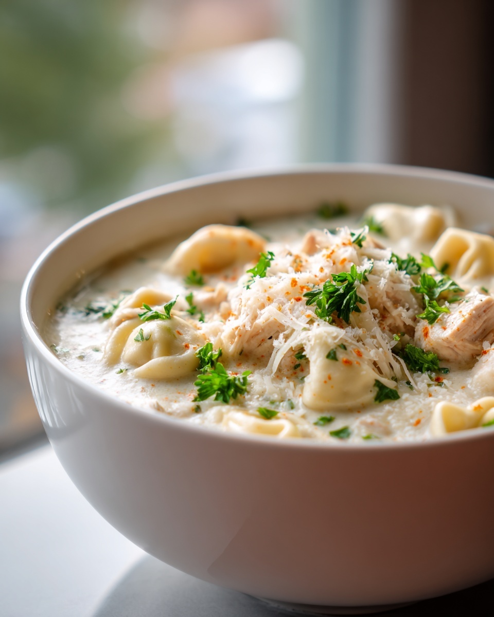 Close-up of a white bowl filled with creamy chicken tortellini soup crock pot, topped with shredded cheese and parsley.