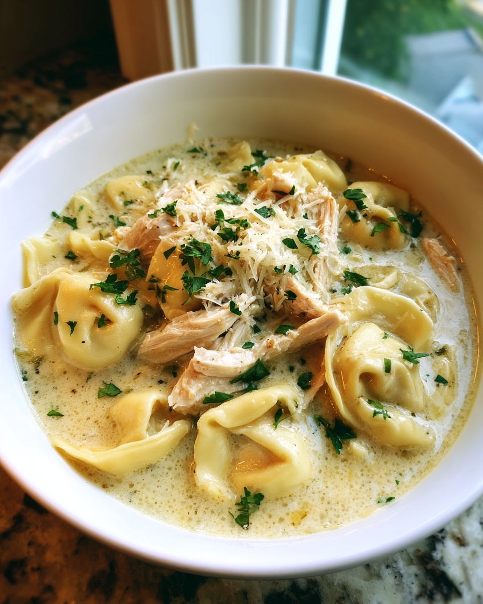 A close-up of a bowl of creamy chicken tortellini soup crock pot recipe, topped with shredded chicken, Parmesan, and parsley.
