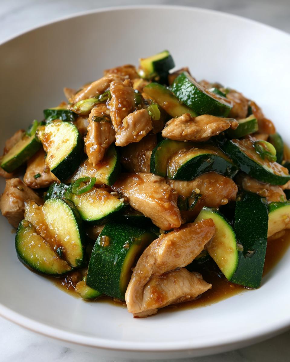 Close-up of tender chicken pieces and bright green zucchini slices coated in a savory sauce for chicken zucchini stir fry.