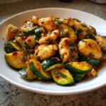 A close-up of a white bowl filled with glossy chicken zucchini stir fry, coated in a spicy, savory sauce.