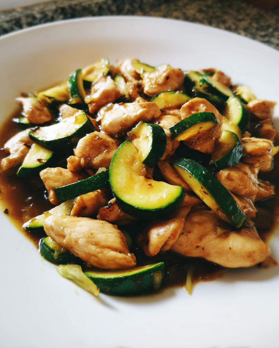 A close-up of a white plate filled with juicy chicken zucchini stir fry coated in a savory brown sauce.