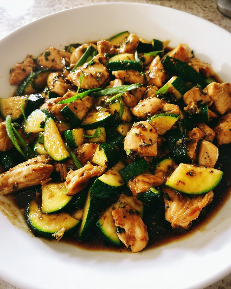 A close-up view of a white bowl filled with savory chicken zucchini stir fry coated in a dark sauce.