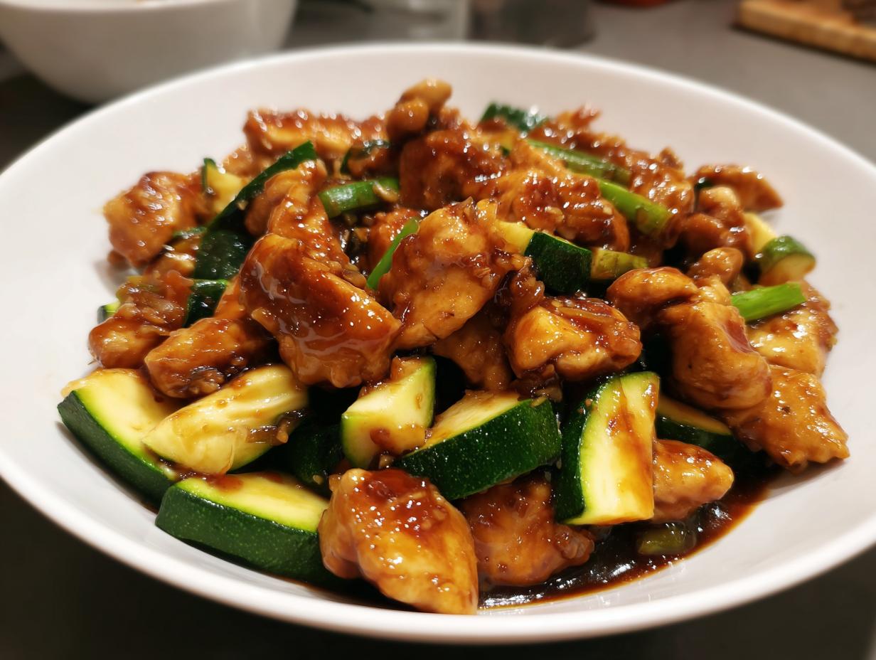 Close-up of glossy, saucy chicken zucchini stir fry served in a white bowl.