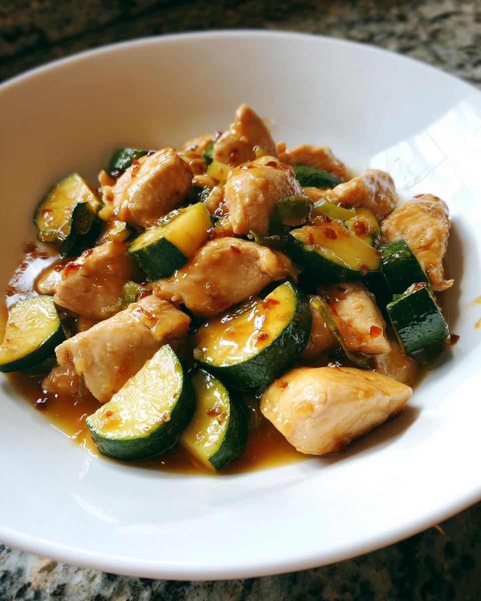Close-up of a white bowl filled with glossy chicken zucchini stir fry pieces coated in sauce.