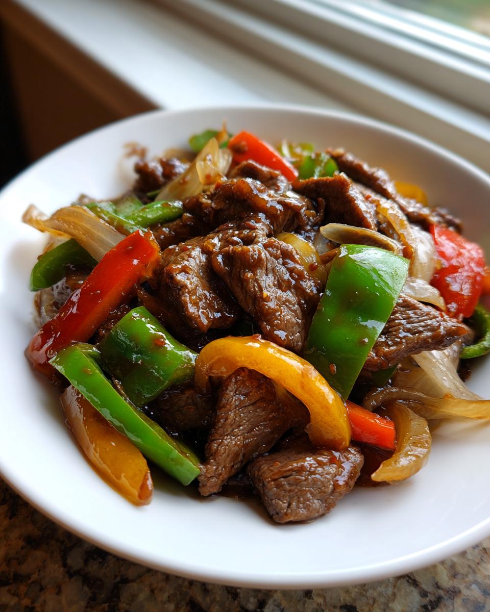 A close-up of savory Chinese pepper steak featuring tender beef strips mixed with vibrant green, red, and yellow bell peppers and onions.