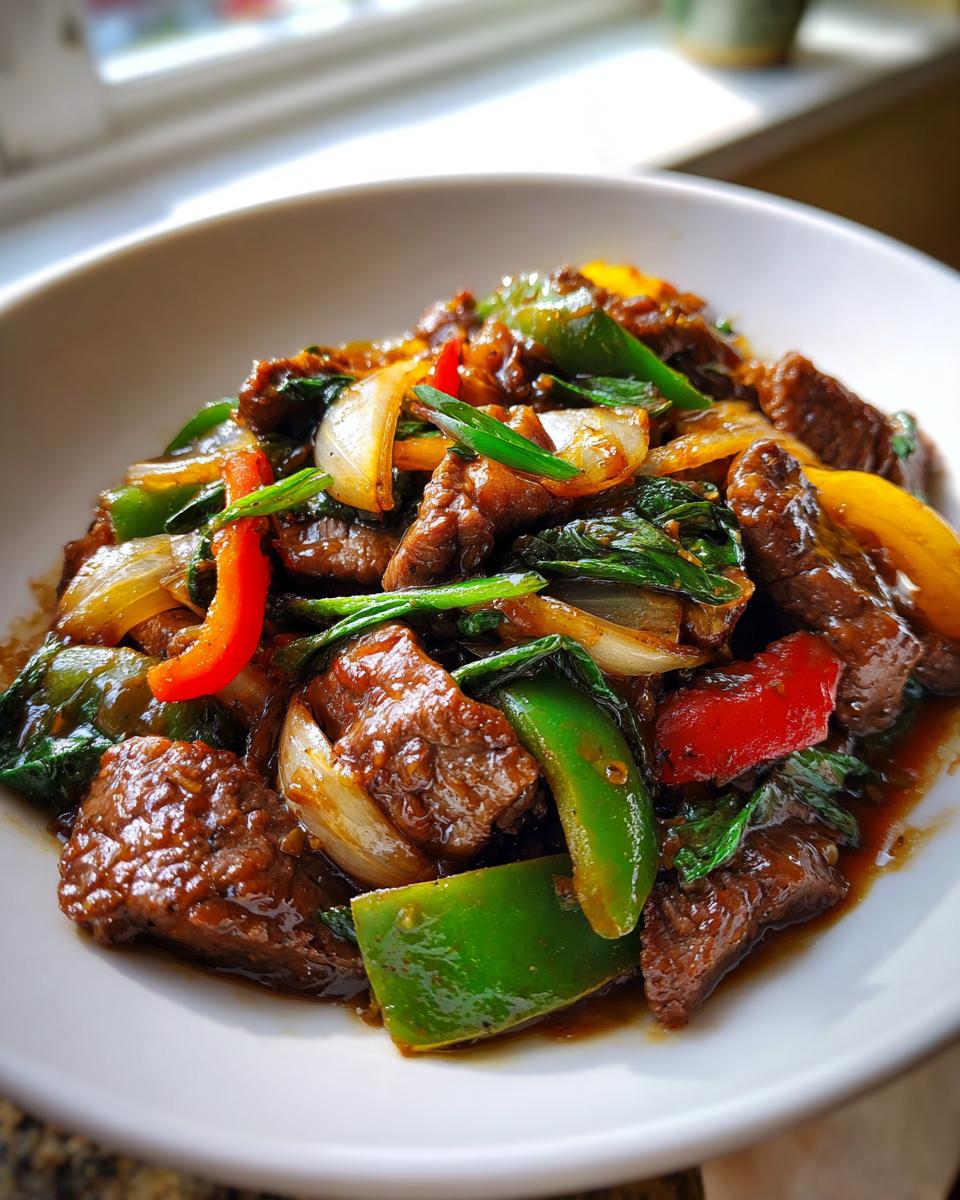 A close-up of vibrant chinese pepper steak featuring beef, green and red peppers, and onions coated in a rich brown sauce.
