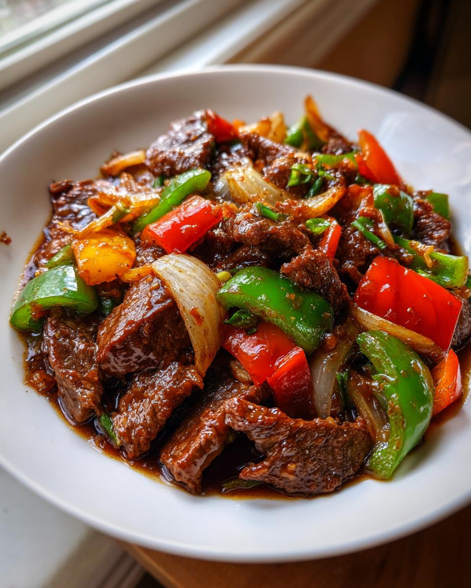 A close-up of vibrant Chinese pepper steak featuring tender beef strips, green and red bell peppers, and onions coated in a rich brown sauce.