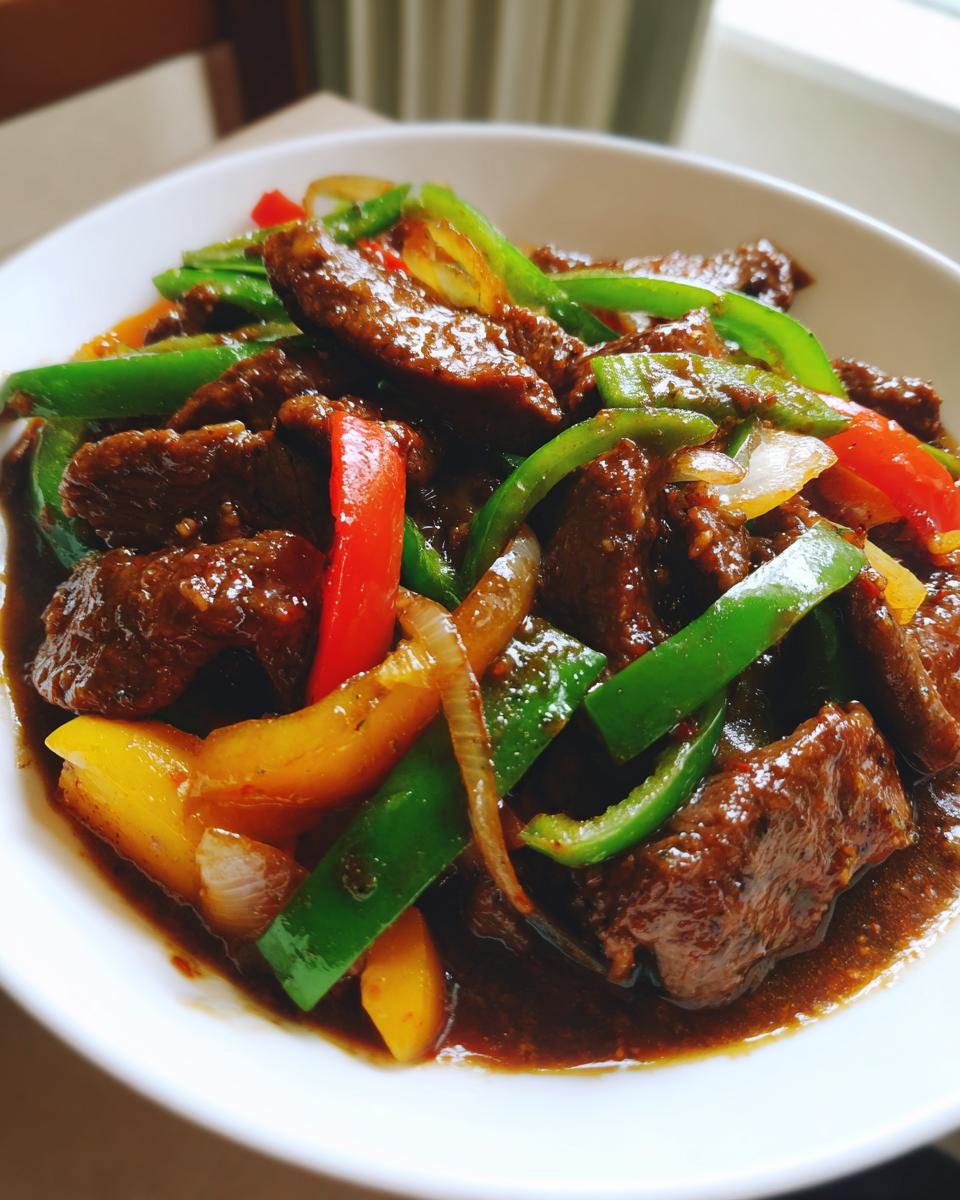 Close-up of savory Chinese pepper steak with vibrant green, red, and yellow bell peppers and onions in a rich brown sauce.