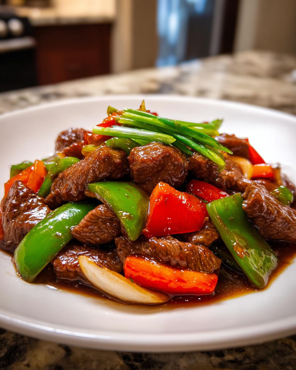Close-up of savory chinese pepper steak with onions and peppers, garnished with scallions.