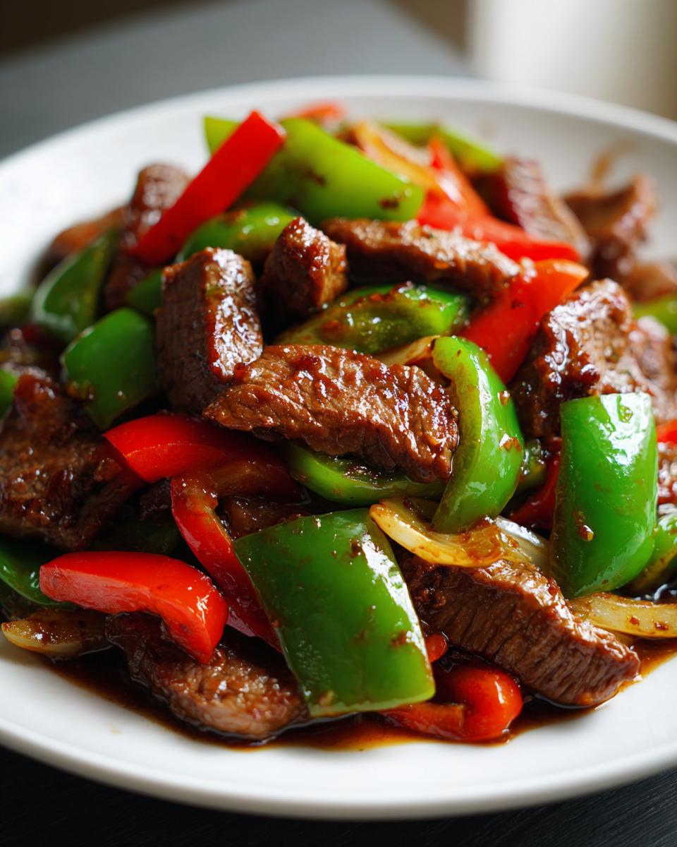 Close-up of tender slices of chinese pepper steak with onions and peppers in a savory brown sauce.