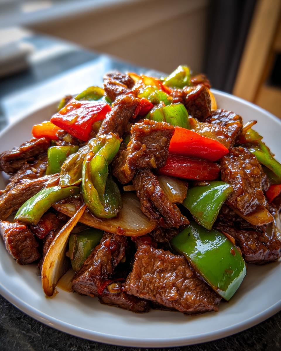 A close-up shot of glistening chinese pepper steak with onions and peppers served on a white plate.