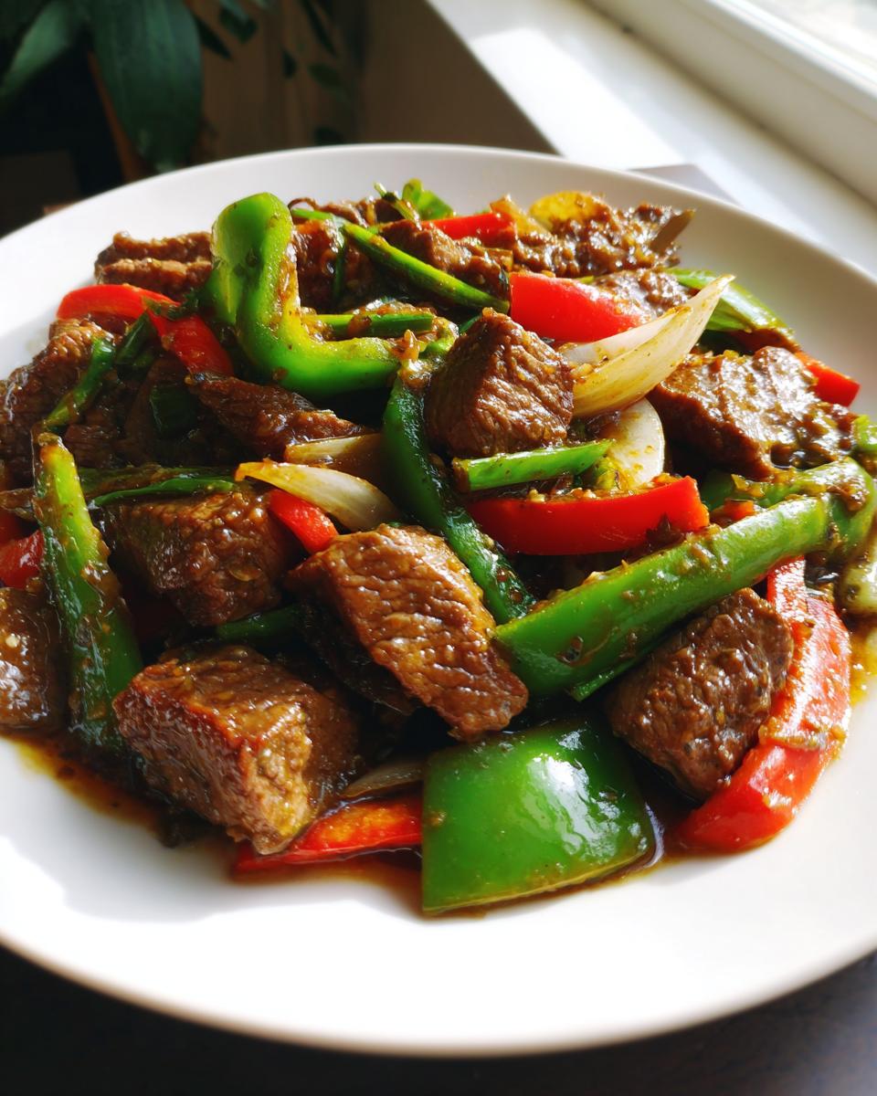 A close-up plate of vibrant chinese pepper steak with onions and peppers coated in savory brown sauce.